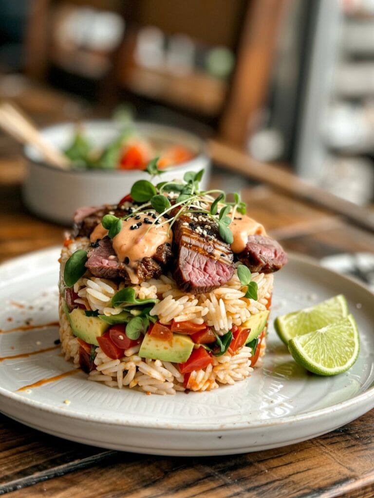 Grilled Beef and Tomato Avocado Rice Stack Recipe